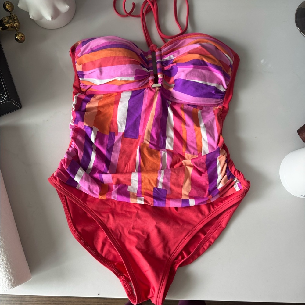 Vibrant Pink & Multi-Stripe Women’s Swim Bodysuit